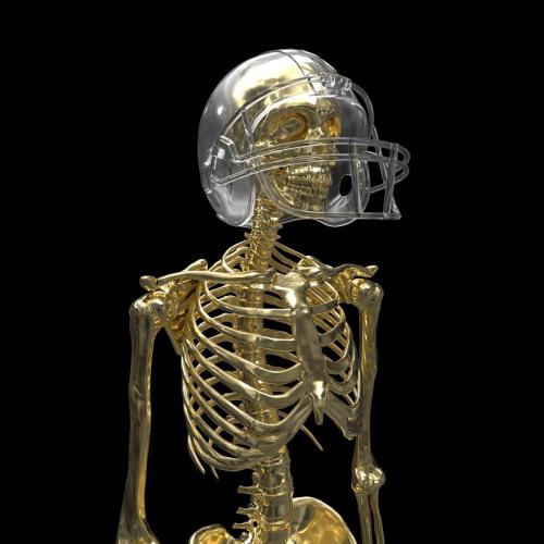 Gold Skeleton with a Clear Football Helmet. With Black background.